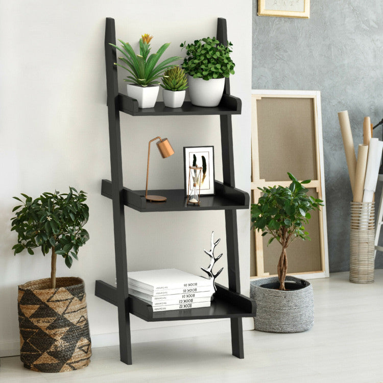 3 Tier Leaning Rack Wall Book Shelf Ladder (Black)