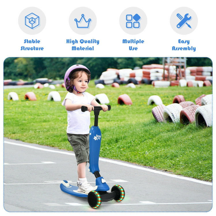 2 in 1 Kids Kick Scooter with Flash Wheels for Girls Boys from 1.5 to 6 Years Old - Blue