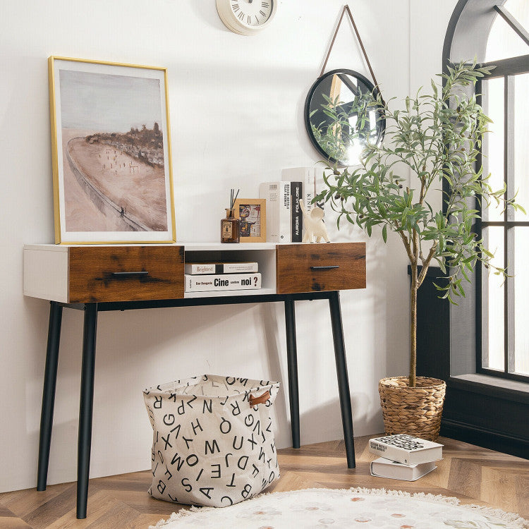 48 Inch Industrial Console Table with Storage Drawers Open Shelf Entryway