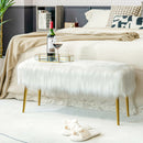 Modern Faux Fur Ottoman Bench with Golden Legs  - White