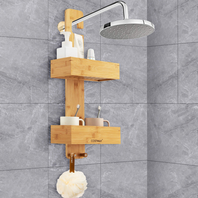 2-Tier Bamboo Hanging Shower Caddy Bathroom Shelf with 2 Hooks
