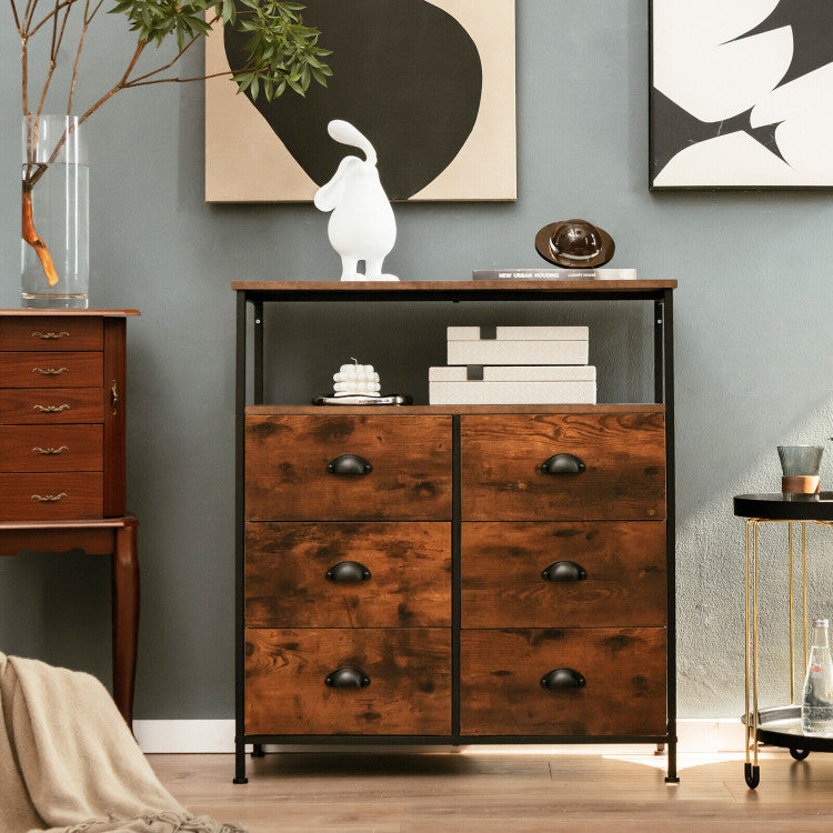 2-Tier Storage Chest with Wooden Top and 6 Fabric Drawers (Rustic Brown)