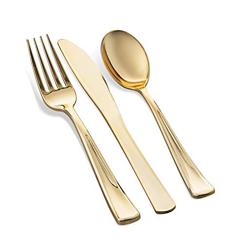 350 Piece Gold Dinnerware Set - 50 Guest Disposable Gold Dinnerware Set