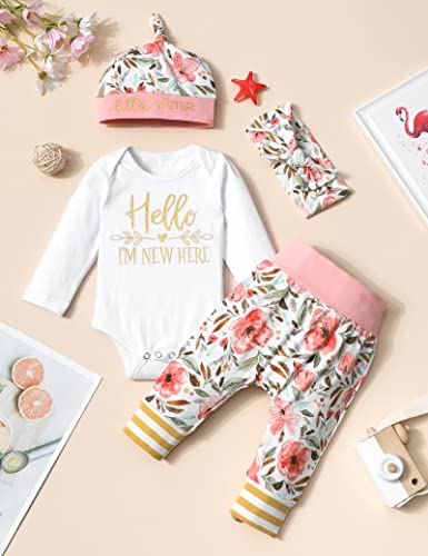 Newborn Baby Girl Clothes Ruffle Romper+Floral Pants+Hats+Headband Infant Girl Outfit Set 4PC Newborn