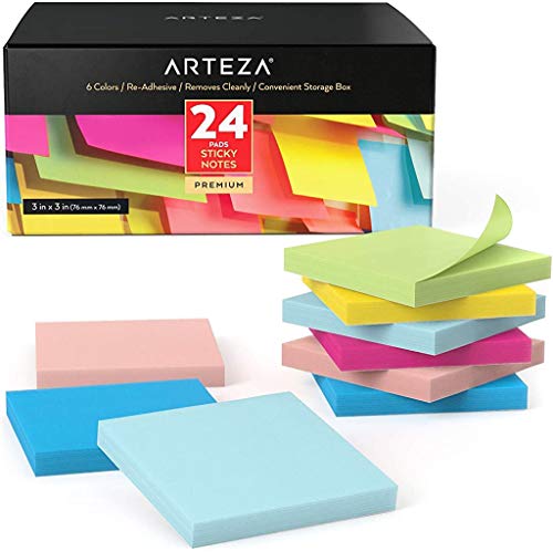Sticky Notes, 24 Pads, 100 Sheets Each, 3 x 3 Inches, 6 Assorted Colors, Re-Adhesive