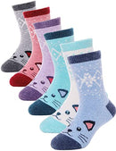 Children Crew Socks for Girls Kids Toddlers Fashion Cartoon Cat Cute Animal Socks 6 Pack (Cat 01,4-7 Y)
