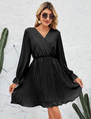 Little Black Dresses for Wedding Guest Lantern Sleeve Wrap V Neck Dress Pleated