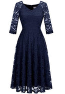 Long-Sleeve A-Line Lace Bridesmaid Dress Midi for Wedding Formal Party S Navy