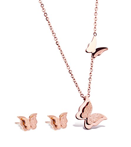 Rose Gold Plated Butterfly Necklace Stud Earrings for Girls Women Jewelry Set