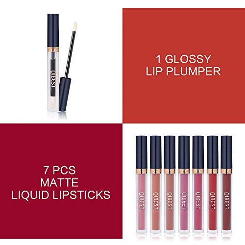 7Pcs Matte Liquid Lipstick + 1Pcs Lip Plumper Makeup Set Kit, Long Lasting Waterproof