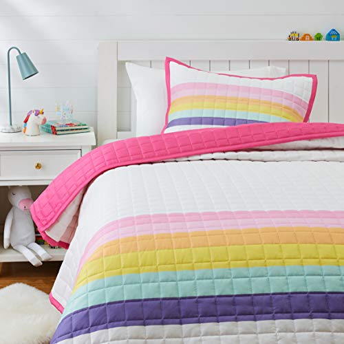 Kids Cotton Reversible Quilt Bedspread - Twin, Magenta Pink & Rainbow