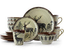 Round Stoneware Cabin Dinnerware Dish Set, 16 Piece, Elk Design with Warm Taupe and Brown Accents
