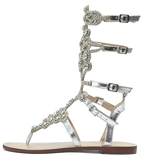 Women's Rhinestone Sandals Silver Gladiator Sandals Summer Flat Dress Sandals