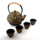 6-piece Japanese Cast Iron Pot Tea Set with Trivet, Golden Peony (40 oz)
