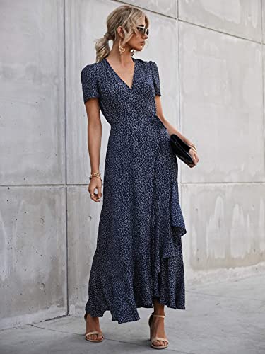 Women's Wrap Maxi Dress Floral V Neck Short Sleeve Ruffle Split Beach Long Dresses