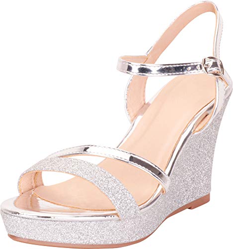 Women's Strappy Glitter Chunky Platform Wedge Sandal,6 B(M) US,Silver