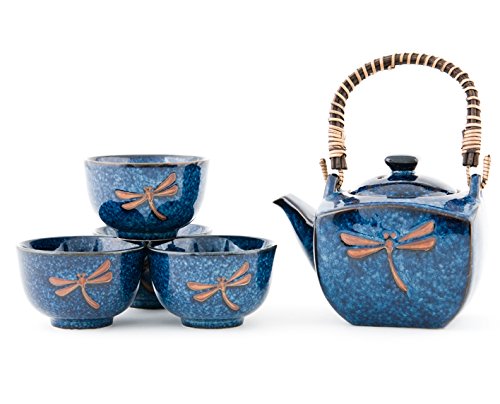 Authentic Imported Japanese Blue Dragonfly Tombo Pottery Tea Set with Strainer