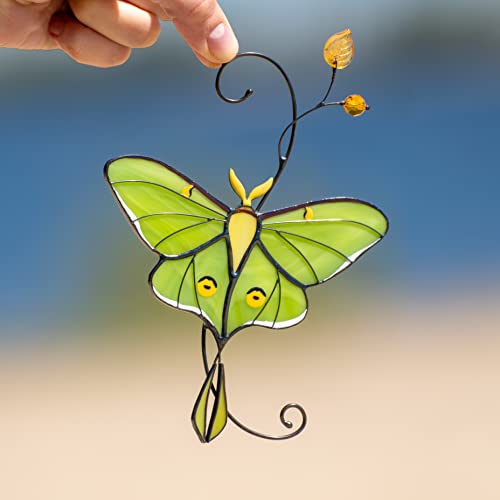 Green Luna Moth Butterfly Handmade Stained Glass Suncatcher