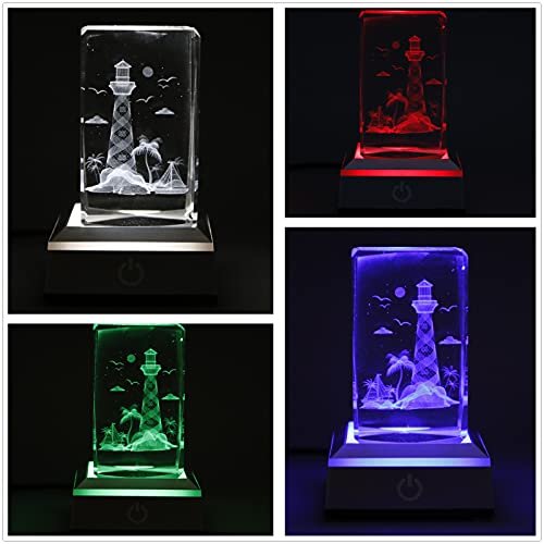 3D Laser Crystal Lighthouse Seabird Coast Crystal Figurine Collectibles with Night Light Stand Base