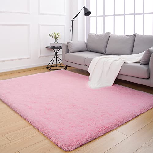 Shaggy Rugs Soft Fluffy Carpets, Fuzzy Rugs for Bedroom Rectangular Rugs 4' x 6' Pink