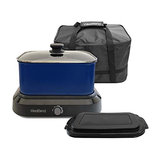 West Bend 87905B Large Capacity Non-stick Dishwasher Safe Variable Temperature Control Includes Travel Lid & Thermal Carrying Case, 5 quart, Blue