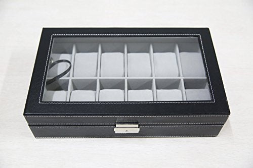 Watch Dislpay Box Organizer, Pu Leather with Glass Top, Large, Black