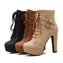Susanny Women Autumn Round Toe Lace Up Ankle Buckle Chunky High Heel