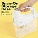 6-Speed Electric Hand Mixer with Whisk, Traditional Beaters, Snap-On Storage Case, White