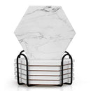 6 pcs Hexagon Absorbent Coaster Set with Holder Decorative White Marble Cup