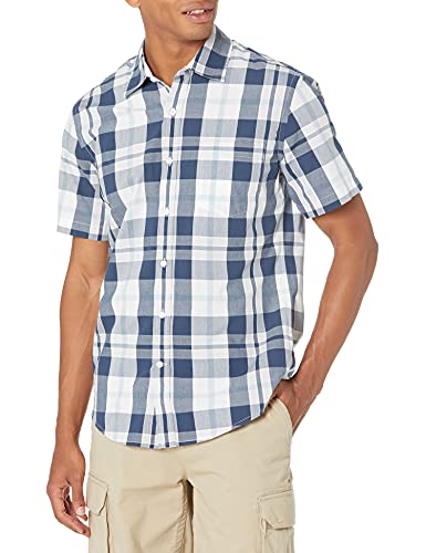 Men's Slim-Fit Short-Sleeve Plaid Casual Poplin Shirt, White/Navy