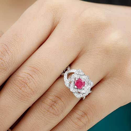 3/4 CT Ruby Solitaire Ring, 1/2 CT HI-SI Diamond Accent Ring, 14K White Gold