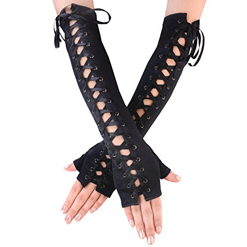 Womens Full Length Fingerless Lace Up Arm Warmer Satin Gloves Black