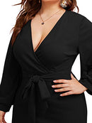 Women's Plus Size V Neck Lantern Sleeve Midi Belted Bodycon Dress Black 2XL