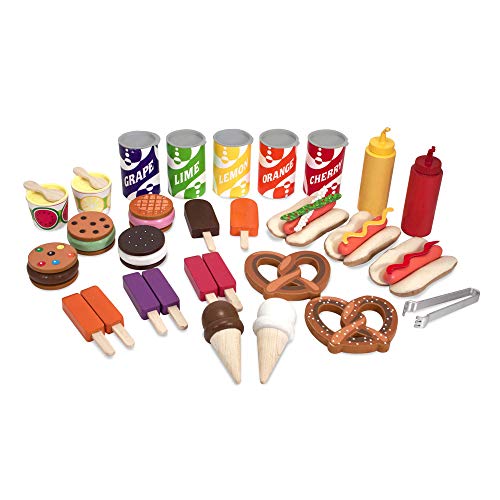 Wooden Snacks and Sweets Food Cart - 40+ Play Food pcs, Reversible Awning