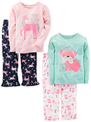 Girls' 4-Piece Pajama Set (Cotton Top & Fleece Bottom), Puppy/Unicorn, 7