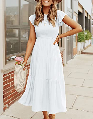 Women's Casual Short Sleeve Elastic Waist Tiered Midi Dress