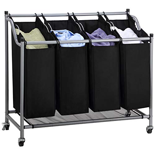 Laundry Sorter Cart 4-Bag Classics Rolling Laundry Hamper Black