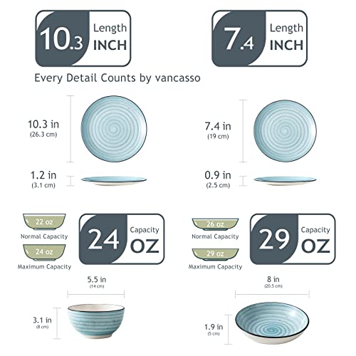 Blue Dinner Set, 24 Pieces Stoneware Dinnerware Set, Handpainted Spirals Pattern