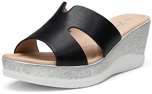 Women's Sandals Black Platform Peep Toe Wedge High Heel Slip On Shoes Size 8.5