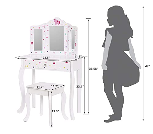 Pretend Play Kids Vanity Table and Chair Vanity Set with Mirror Makeup Dressing Table