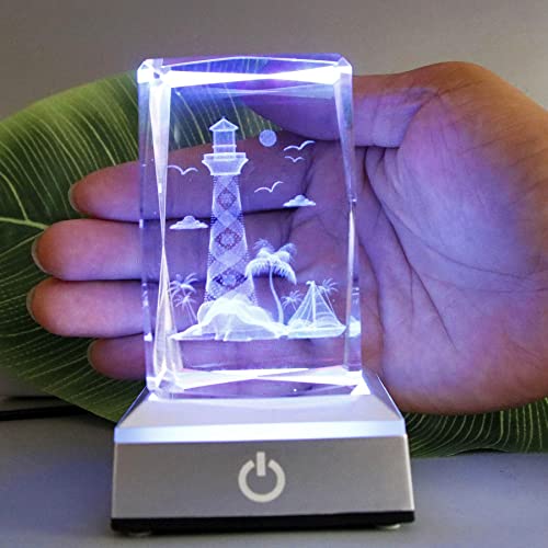3D Laser Crystal Lighthouse Seabird Coast Crystal Figurine Collectibles with Night Light Stand Base