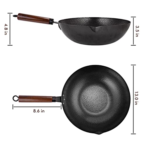 Carbon Steel Wok with Wooden Handle and Lid,using for Electric, Induction, Gas Stoves