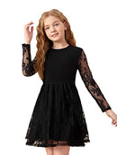 Girl's Floral Lace Panel Long Mesh Sleeve Round Neck Keyhole Back Formal Flared A Line