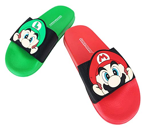 SUPER MARIO Nintendo Sandals, Mario and Luigi Mismatch Slide Sandal,Boys size 1 to 2 (1-2)