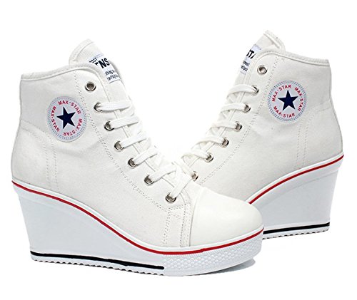 Women's Sneaker High-Heeled Fashion Canvas Shoes High Pump Lace UP Wedges Side Zipper Shoes (8.5 US, White)