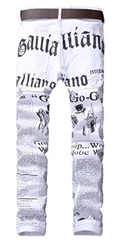 Men's Casual Letters Printed Jeans Skinny White Denim Pants, White, 36