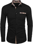 Men's Plaid Collar Cotton Casual Long Sleeve Button Down Dress Shirt Black
