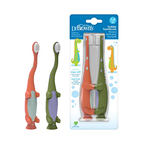 Dr. Brown's Toddler Toothbrush, Dinosaur, Green and Orange, 2-Pack