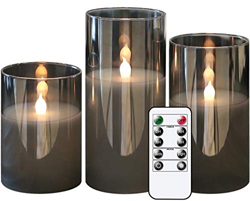 Gray Glass Battery Operated Flameless Led Candles with 10-Key Remote and Timer, Real Wax