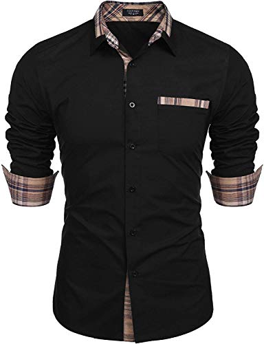 Men's Plaid Collar Cotton Casual Long Sleeve Button Down Dress Shirt Black